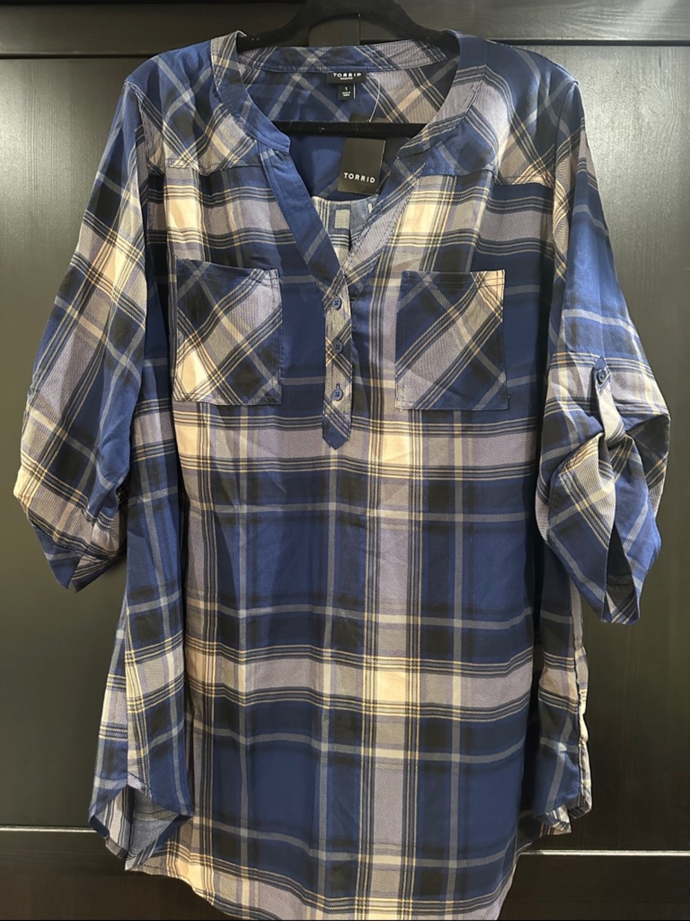 torrid Blue and White Plaid Henley Button-Up Tunic